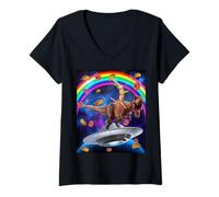Donna Cat Riding Dinosaur Trex UFO Taco Donuts in Galaxy Maglietta con Collo a V