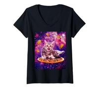 Donna Cat Riding Pizza in Space Galaxy Taco Kitten Cats Lovers Maglietta con Collo a V
