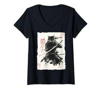 Donna Cat Samurai Japanese Sumi-e Painting Katana Art Maglietta con Collo a V