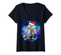 Donna Cat Santa Hat Christmas Tree Lights in Space Funny Xmas Maglietta con Collo a V