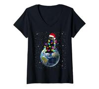 Donna Cat Santa Hat Christmas Tree Lights in Space Funny Xmas Maglietta con Collo a V