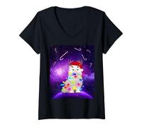 Donna Cat Santa Hat Christmas Tree Lights in Space Funny Xmas Maglietta con Collo a V