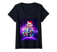 Donna Cat Santa Hat Christmas Tree Lights in Space Funny Xmas Maglietta con Collo a V