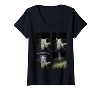 Donna Cat Selfie Alien UFO Divertente Incontro Design Maglietta con Collo a V