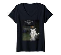 Donna Cat Selfie Alien UFO Divertente Incontro Maglietta con Collo a V