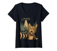 Donna Cat Selfie con UFO e piccioni telecomandati Sci-Fi Meme Maglietta con Collo a V
