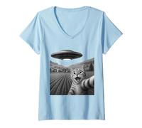 Donna Cat Selfie UFO Alien Astronave Divertente Maglietta con Collo a V