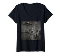 Donna Cat Selfie With Alien UFO Shirt Orlando Cat UFO Invasion Maglietta con Collo a V