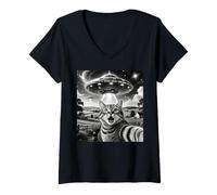 Donna Cat Selfie with Aliens UFO Funny Cats Alien Abduction Maglietta con Collo a V