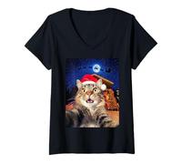 Donna Cat Selfie with Santa, Reindeer, And Sleigh Funny Christmas Maglietta con Collo a V