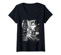 Donna Cat Selfie with Surprised Santa Funny Christmas Vintage Maglietta con Collo a V