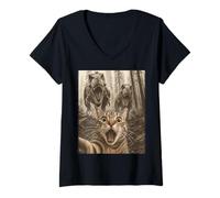 Donna Cat Selfie with T-Rex Dinosaur Funny Cat Maglietta con Collo a V