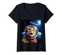 Donna Cat Selfie with UFO Funny Outer Space Galaxy Graphic Maglietta con Collo a V
