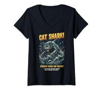 Donna Cat Shark Terror from The Deep Retro Ocean Monster Horror Maglietta con Collo a V