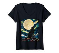Donna Cat Starry Night - Van Gogh Inspired Tee for Cat Lover Maglietta con Collo a V