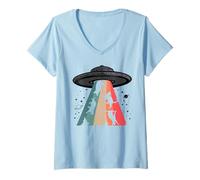 Donna Cat UFO LOL Bye Alien Abduction Flying Cats UFO Galaxy Retro Maglietta con Collo a V