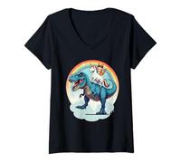 Donna Cat Unicorn Riding T-Rex Dinosaur Rainbow Cute Funny Maglietta con Collo a V