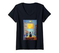 Donna Cat Watching Tramonto Artistico Accogliente Finestra Vista Pittura Maglietta con Collo a V