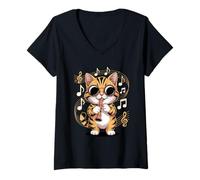 Donna Cat with Sunglasses Playing Recorder Music Maglietta con Collo a V