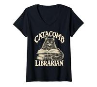 Donna Catacombe Bibliotecario Gatto Gatto Libro Amante Maglietta con Collo a V