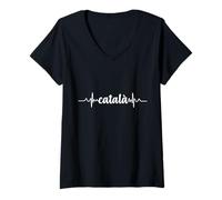 Donna Catala Heartbeat ECG Catalan Speaker Catalonia Barcelona Maglietta con Collo a V