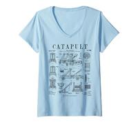 Donna Catapulta Medievale Antico Assedio Motore Divertente Vintage Brevetto Maglietta con Collo a V