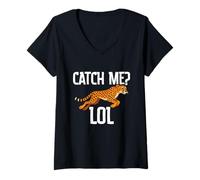 Donna Catch Me LOL Cheetah Running Umorismo ad Alta velocità Maglietta con Collo a V