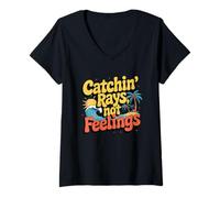 Donna Catching Rays Feelings Camicia Retro Beach Summer Waves Palms Maglietta con Collo a V
