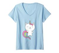 Donna Caticorn - Maglietta con simpatico gatto, unicorno, arcobaleno, colori pastello Maglietta con Collo a V