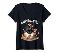Donna Cats And Coffee Fall Themed Kitten Graphic Happy Fall YALL Maglietta con Collo a V
