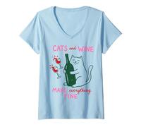Donna Cats And Wine Make Everything Fine Funny Cat Mom Maglietta con Collo a V