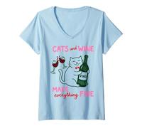 Donna Cats And Wine Make Everything Fine Funny Cat Mom Maglietta con Collo a V