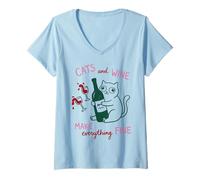 Donna Cats And Wine Make Everything Fine Funny Cat Mom Maglietta con Collo a V