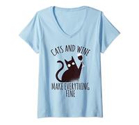 Donna Cats And Wine Make Everything Fine Gatto Amore del vino Maglietta con Collo a V