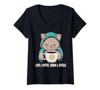 Donna Cats, Coffee, Satan & Spells Cute Occult Cat Maglietta con Collo a V