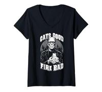Donna Cats Good Fire Bad Funny Frankenstein Cat Lover Gattino Maglietta con Collo a V