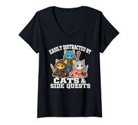 Donna Cats Side Quest Distracted Tabletop Funny Men Women Kids Dad Maglietta con Collo a V