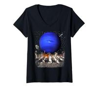 Donna Cats Walking in Space Cat Astronaut Neptune Planet Cat Lover Maglietta con Collo a V