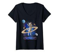 Donna Caturn Cat in Space Saturn Galaxy Funny Kitten Cat Lover Maglietta con Collo a V