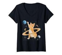 Donna Caturn Saturn Cat in Space Funny Kitten Cats Lovers Galaxy Maglietta con Collo a V