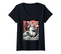Donna Catzilla Great Wave - Grafica Umoristica del Gatto Arte Giapponese Maglietta con Collo a V