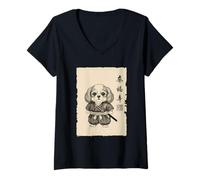 Donna Cavalier Samurai Arte Giapponese Sumi-e Kawaii Divertente Maglietta con Collo a V