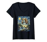 Donna Cavalier Spaniel Luna Ululando Notte Stellata Stile Van Gogh Maglietta con Collo a V
