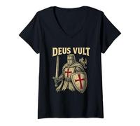 Donna Cavaliere Crociato Deus Vult - Guerriero Medievale Croce Templare Maglietta con Collo a V