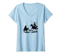 Donna Cavaliere Errante Don Chisciotte Sancho Panza Opera d'Arte Silhouette Maglietta con Collo a V
