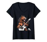 Donna Cavalli Selvaggi Che suonano la Chitarra Rock And Roll Equitazione Cavallo Maglietta con Collo a V