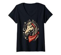 Donna Cavallo Bandana Rossa Ferro Stelle Country Rodeo retrò Maglietta con Collo a V