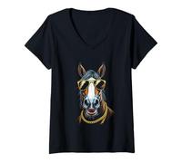 Donna Cavallo Con Occhiali Da Sole, Cool Divertente Ribelle Boss Hip Maglietta con Collo a V