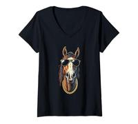 Donna Cavallo Con Occhiali Da Sole, Cool Divertente Ribelle Boss Hip Maglietta con Collo a V