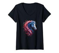 Donna Cavallo Patriottico Equestre 4 luglio USA Bandiera americana Maglietta con Collo a V